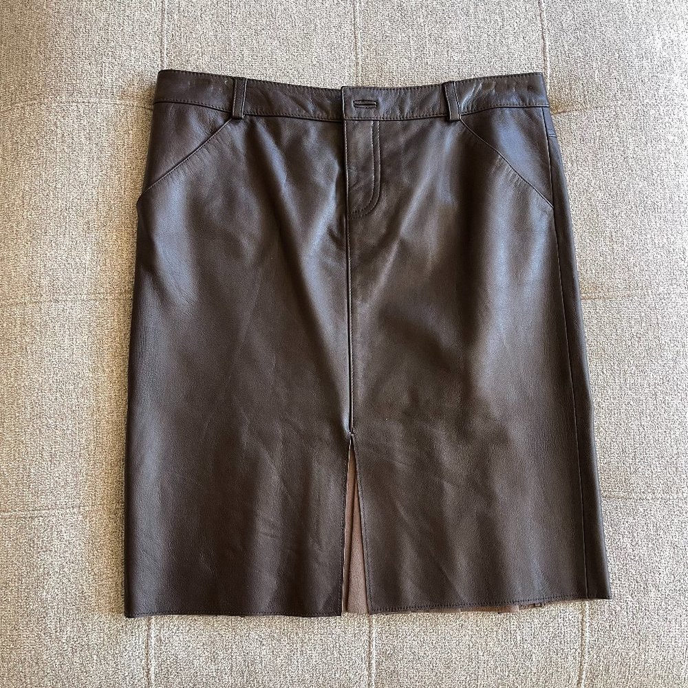 EUC Laundry By Shelli Segal 100% Leather Skirt Brown Slit Pleated